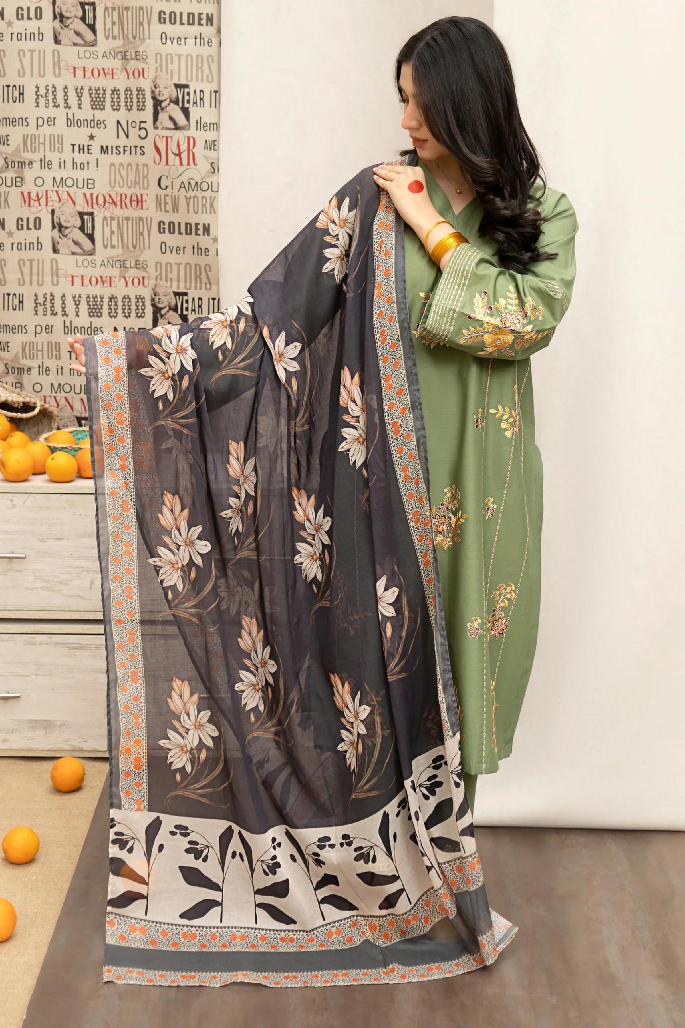 URGE - 3PC LAWN EMBROIDERED SHIRT WITH PASHMINA PRINTED SHAWL AND EMBROIDERED TROUSER