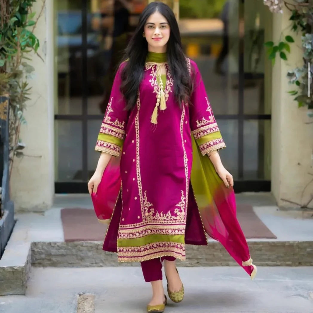 MASHA-3PC LAWN EMBROIDERED SHIRT WITH TYE & DYE CHIFFON DUPATTA AND TROUSER