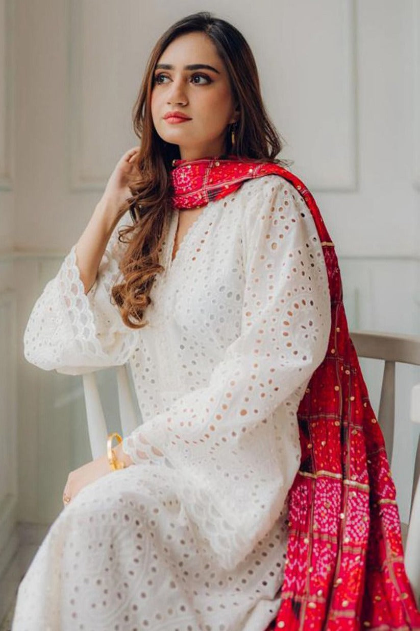 MASHA 3-PC CHIKANKAARI LAWN EMBROIDERED SHIRT WITH CHUNRI PRINT DUPATTA AND TROUSER