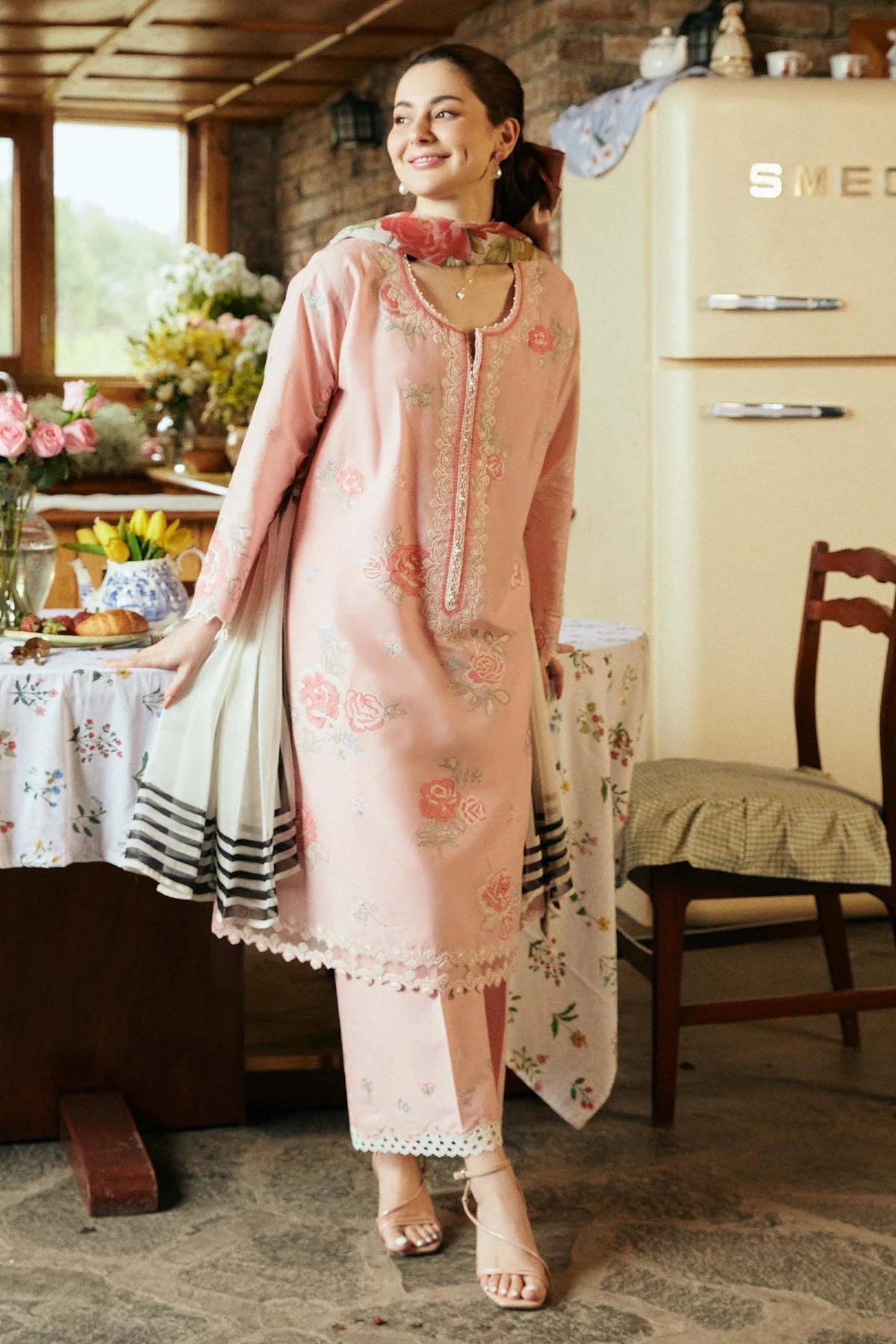 MASHA - 3PC LAWN EMBROIDERED SHIRT WITH CHIFFON PRINTED DUPATTA AND TROUSER