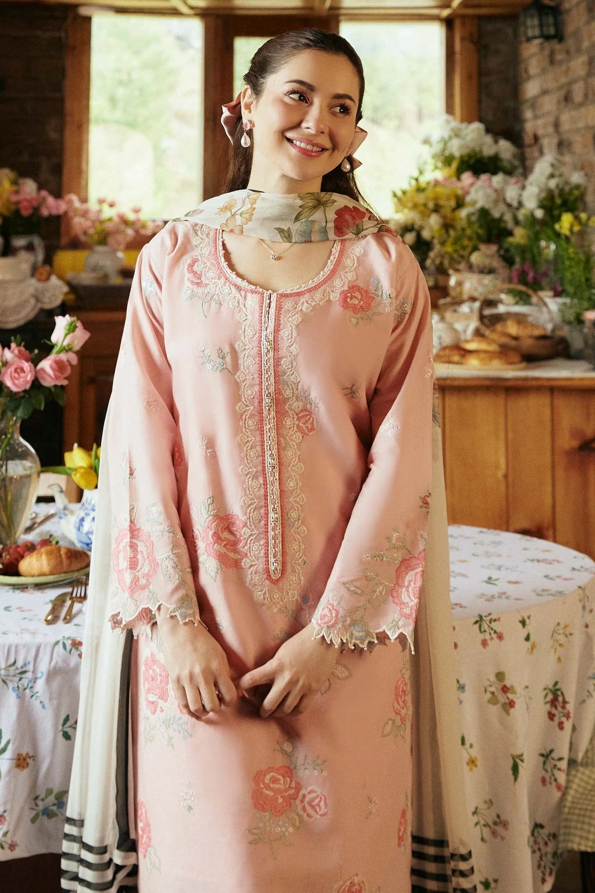 MASHA - 3PC LAWN EMBROIDERED SHIRT WITH CHIFFON PRINTED DUPATTA AND TROUSER