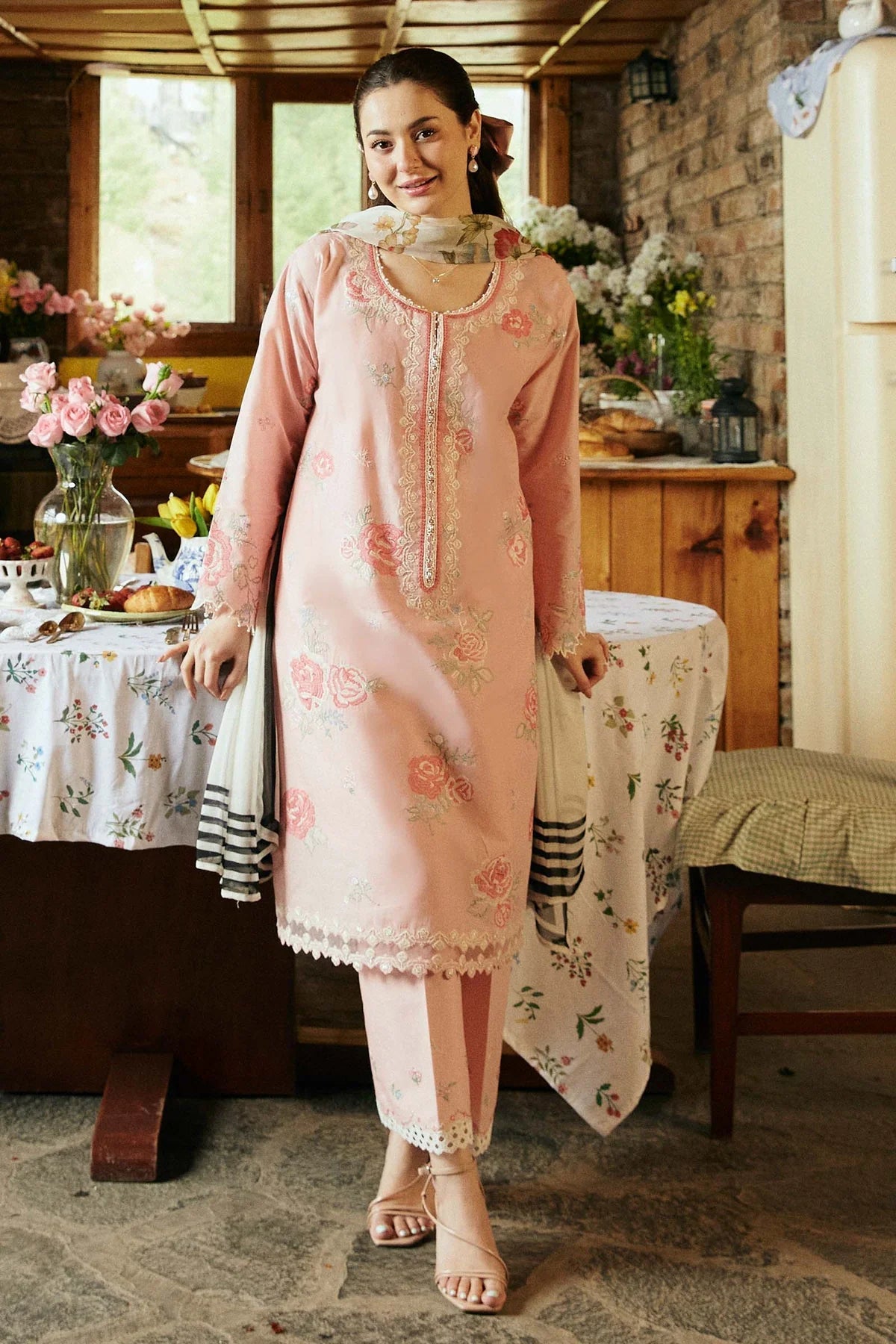 MASHA - 3PC LAWN EMBROIDERED SHIRT WITH CHIFFON PRINTED DUPATTA AND TROUSER